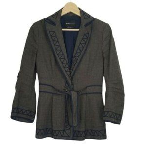 BCBG MaxAzria Sz XS Brown Navy Embroidered Linen Blend Tie Waist Blazer Jacket
